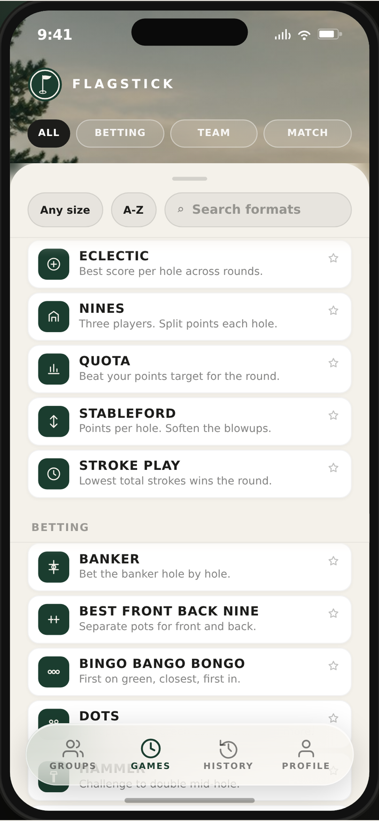 Flagstick Games format catalog with trip staples