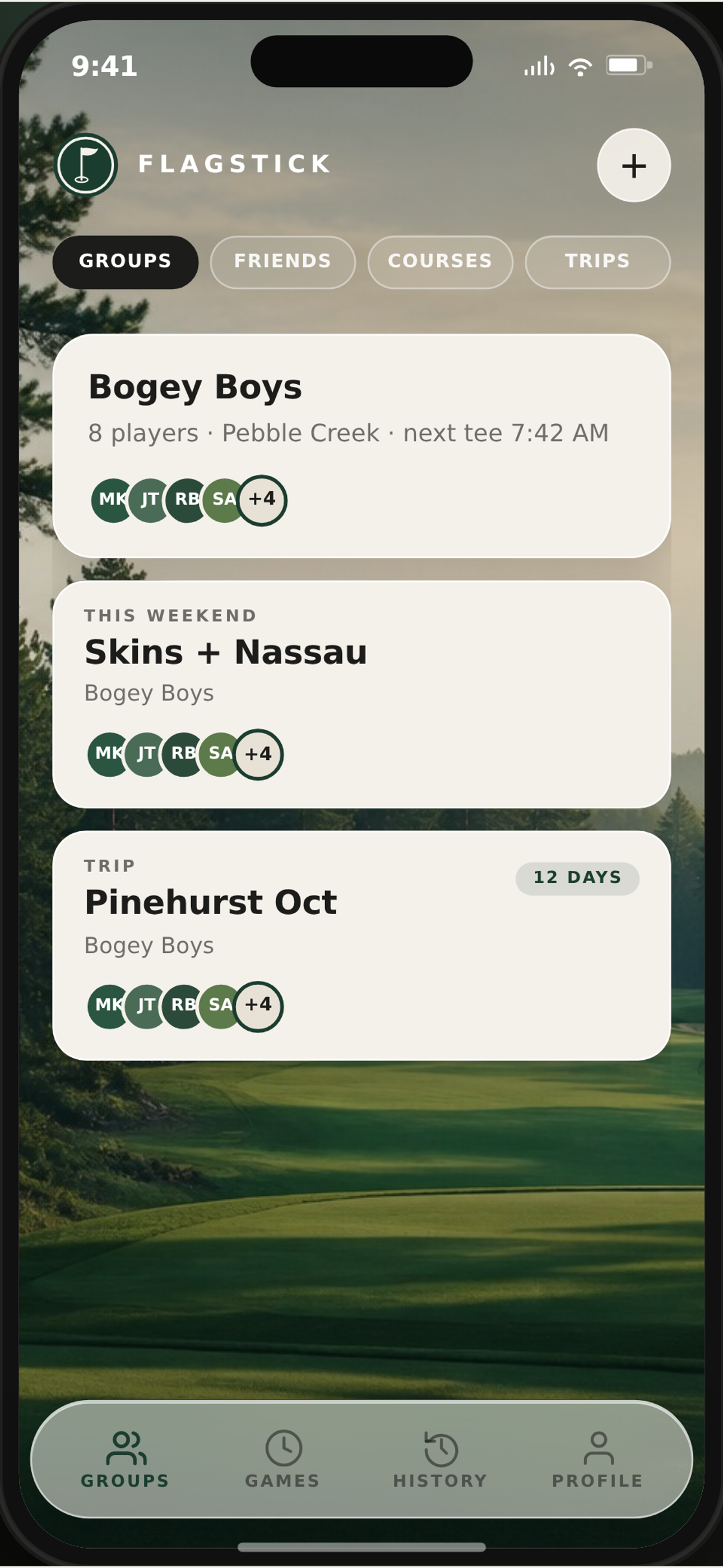 Flagstick Games home with groups, friends, courses, and trips